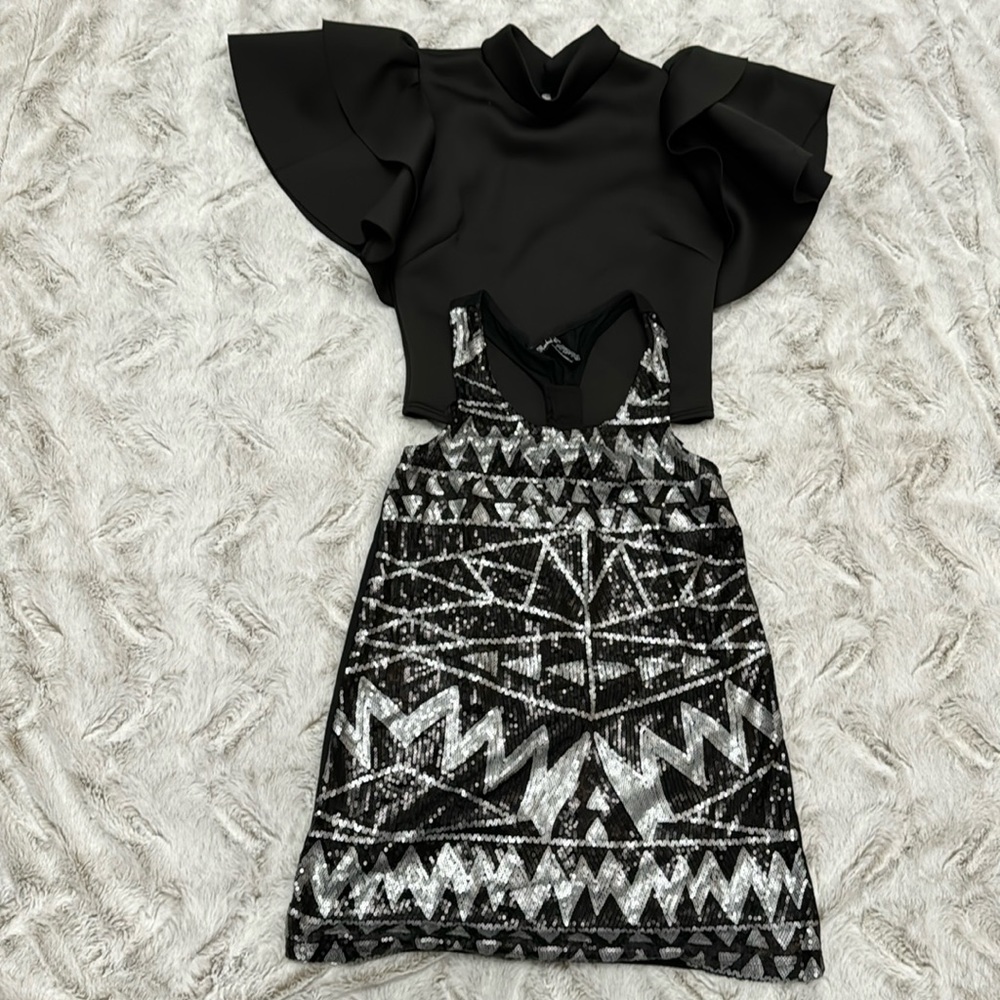 Black racer back, black blouse with bell sleeves